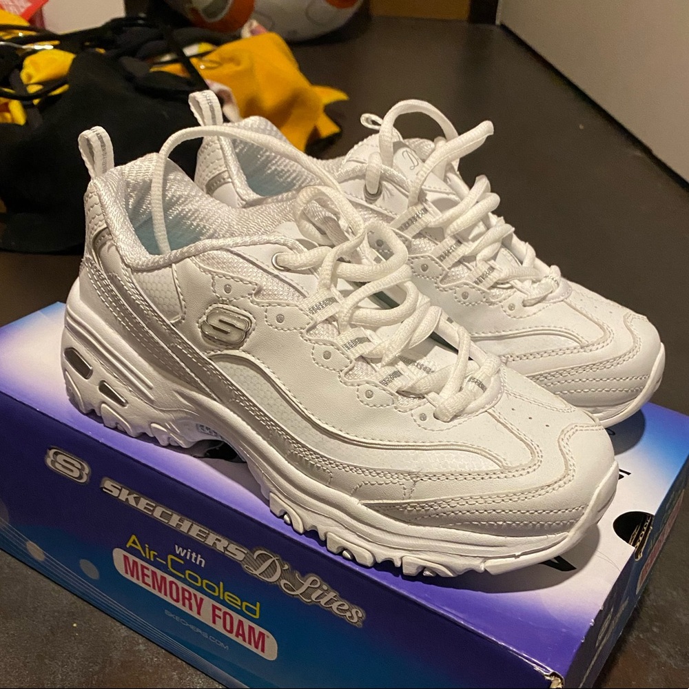 White Sketchers Memory Foam Sneakers